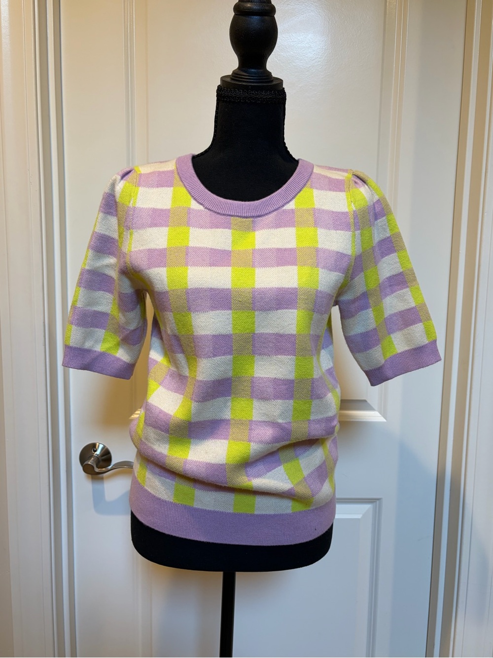 Maeve by Anthropologie Lavender and Lime Check Knit Short-Sleeve Top - Small